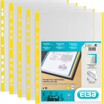 ELBA obaly na dokumenty DIN A4 s farebným okrajom, PP, žltá, 0,09 mm, krištáľovo číra, otvorené hore, eurodierovanie, balenie 100 ks (971619-08)