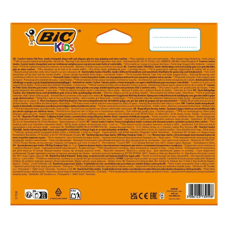 BIC KIDS Comfort Jumbo fixky, rôzne farby, balenie 12 ks, 1,4 mm hrot, umývateľné 517250