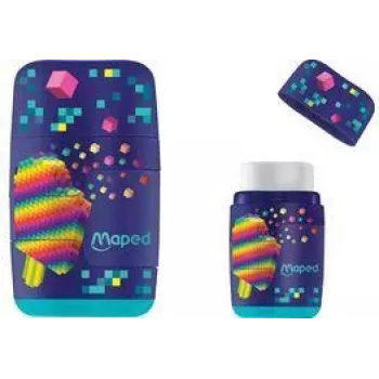 Maped Pixel Party guma a strúhadlo kombinácia, dvojité otvory, priehľadný zásobník na hobliny, rôzne farby 049223