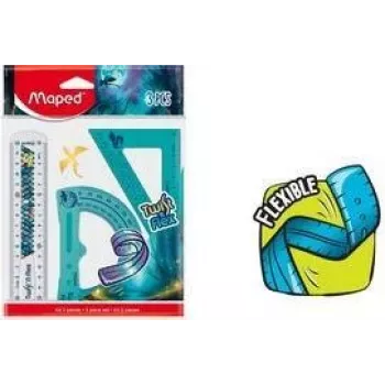 Maped Twist'n Flex Dragon geometrická sada, 3-dielna, flexibilný plast, nerozbitná, 15 cm pravítko, 180° uhlomer, 45°/45°/90° trojuholník 981898