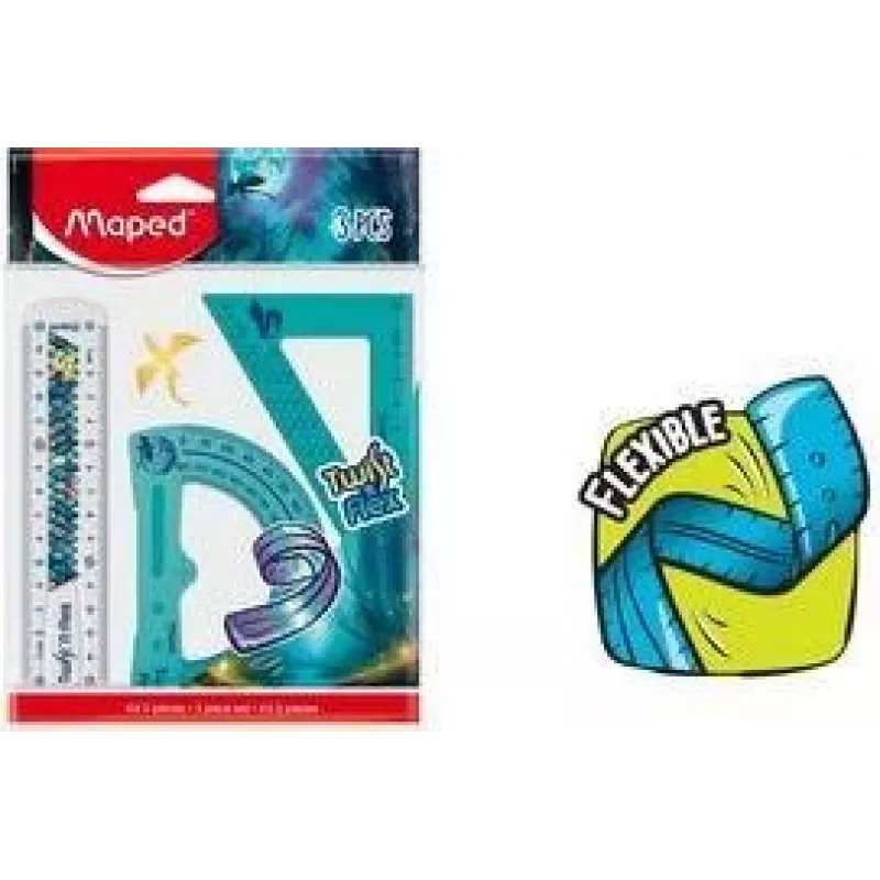 Maped Twist'n Flex Dragon geometrická sada, 3-dielna, flexibilný plast, nerozbitná, 15 cm pravítko, 180° uhlomer, 45°/45°/90° trojuholník 981898