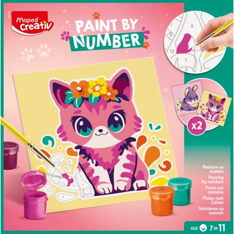 Maped Creativ maľovanie podľa čísel sada mačka a zajac – 2 predtlačené tabule, akrylové farby, štetce, od 7 rokov 907083