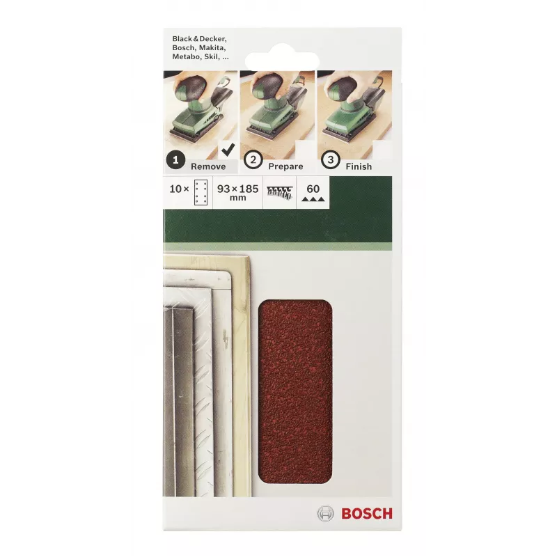 Bosch 2609256A80 brúsne listy na suchý zips, 185 x 93 mm, zrnitosť 40, balenie 10 ks