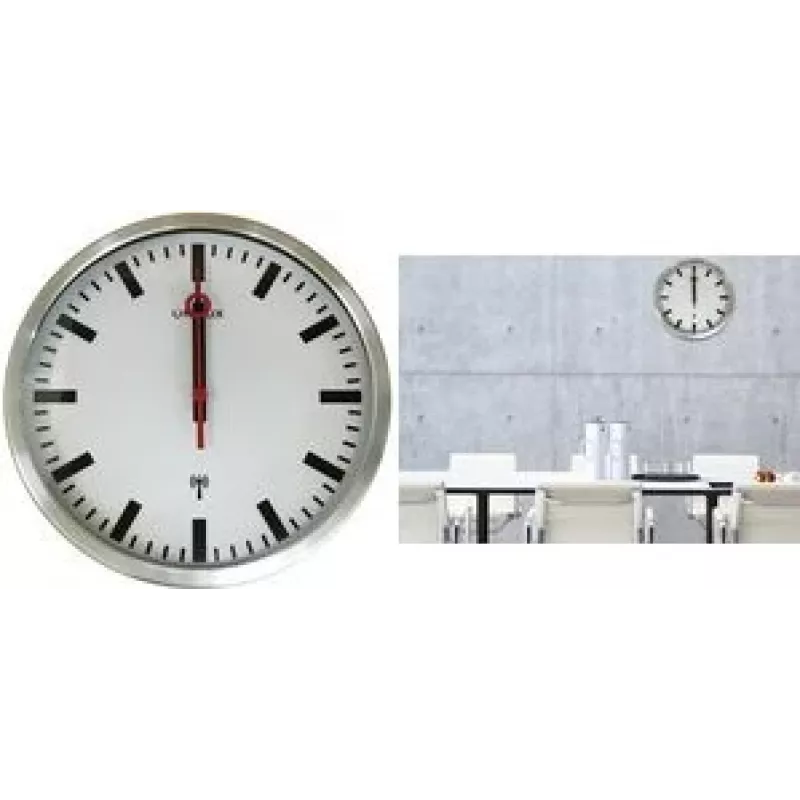 UNILUX STATION nástenné hodiny s rádiovým prijímačom, 350 mm, strieborný štýl stanice, čierne hranaté ručičky 400124567