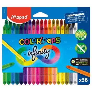 Maped COLOR'PEPS INFINITY trojuholníkové pastelky, 36 rôznych farieb, bez dreva, 100% pigmentové jadro, 10x dlhšia výdrž, ergonomické puzdro 861623