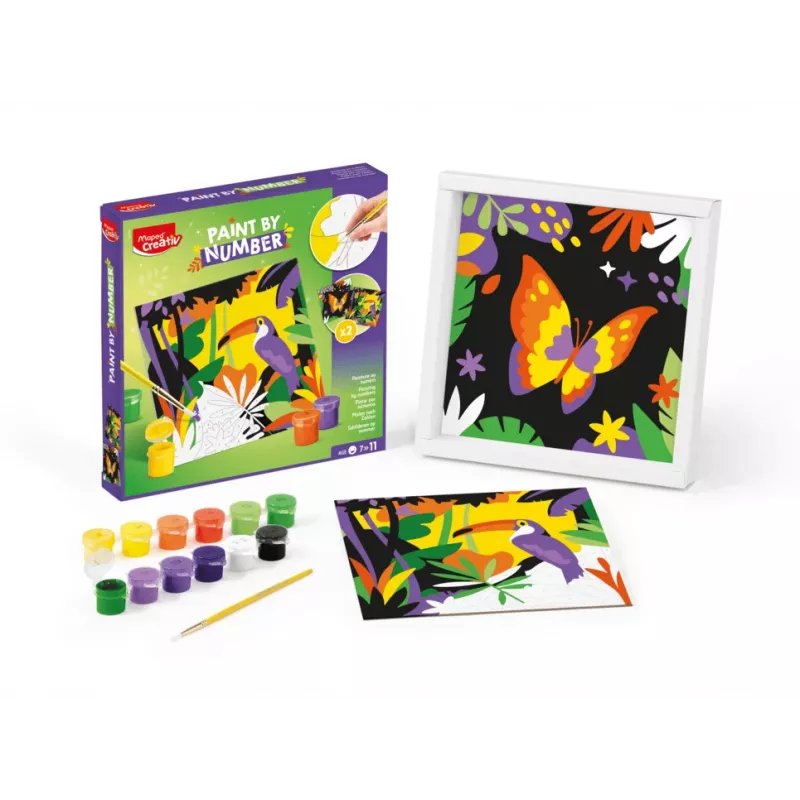 Maped Creativ maľovanie podľa čísel sada - papagáj a motýľ, 2 motívy, 10 akrylových farieb, od 7 rokov 907085