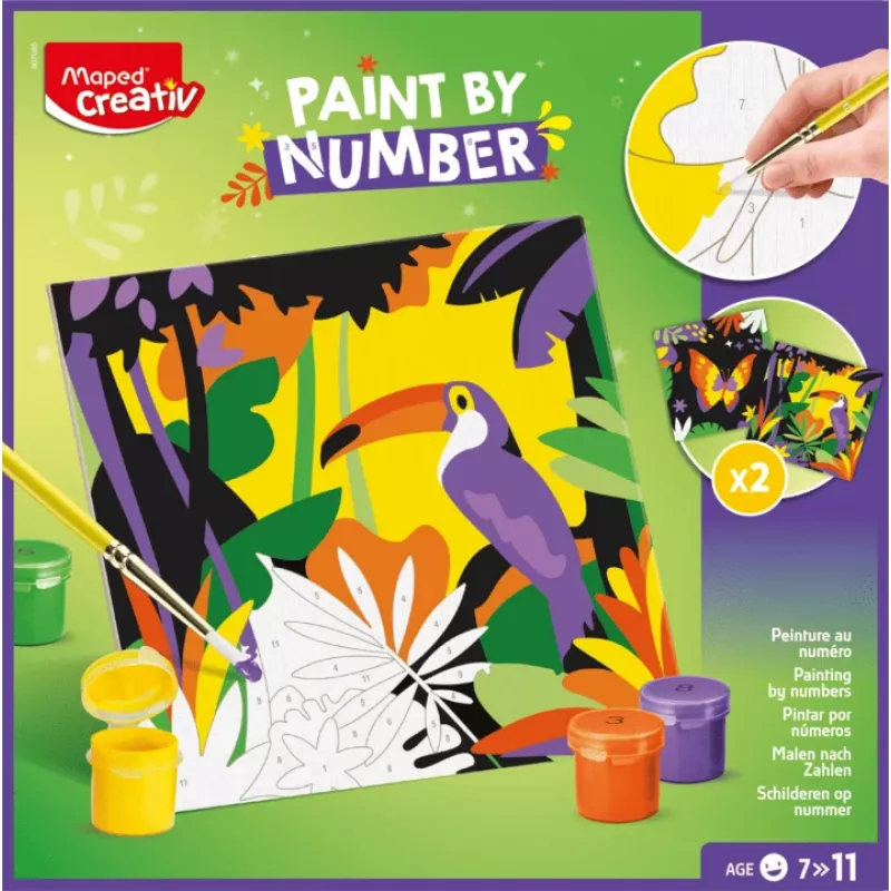 Maped Creativ maľovanie podľa čísel sada - papagáj a motýľ, 2 motívy, 10 akrylových farieb, od 7 rokov 907085