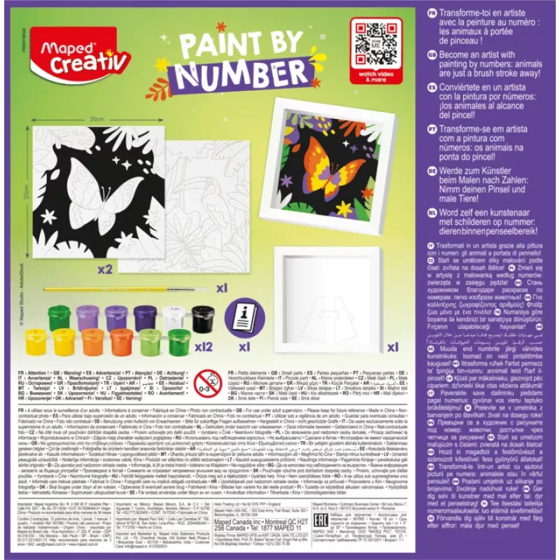 Maped Creativ maľovanie podľa čísel sada - papagáj a motýľ, 2 motívy, 10 akrylových farieb, od 7 rokov 907085