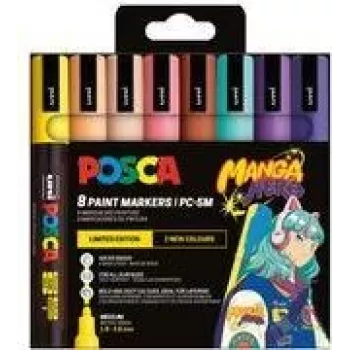 POSCA PC-5M sada pigmentových fixiek, 8 farieb, Manga Hero, stredný guľatý hrot, vodoodolná, svetlostála, bez zápachu PC5M/8APF ASS74