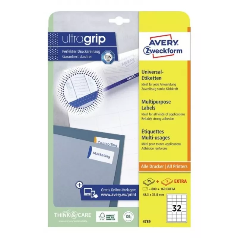 AVERY univerzálne etikety 48,3 x 33,8 mm biele s technológiou UltraGrip (balenie 480 ks) 4789