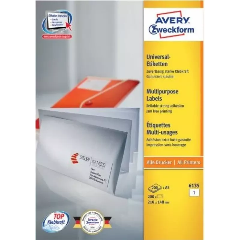 Avery 6135 biele papierové permanentné samolepiace etikety A4 210 x 148 mm 200 etikiet