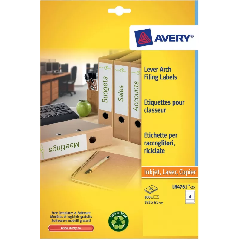 Avery LR4761-25 biele etikety na spisy 61 x 192 mm 100 etikiet (25 listov x 4)