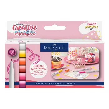Faber-Castell Goldfaber Creative Marker sada, 6 farieb, Sweet Moments, atrament na vodnej báze, bez zápachu, stierateľný, dvojitý hrot štetec a guľatý hrot, opakovane použiteľné puzdro 160602