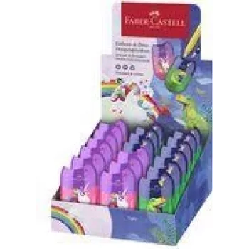 FABER-CASTELL dvojité strúhadlo Box Dino/Einhorn, display s nádobkou na hroty pre jednoduché a čisté strúhanie, 18 kusov (183551)
