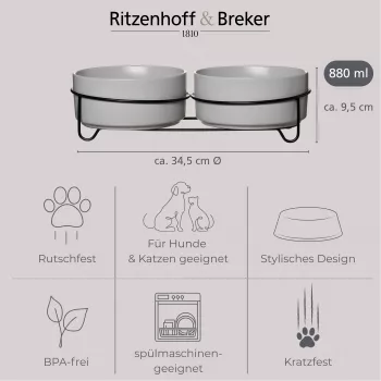 Ritzenhoff & Breker TARO dvojitá súprava misiek pre psa, 880 ml, sivá kamenina s čiernym kovovým stojanom 450521