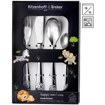 Ritzenhoff & Breker HAPPY ZOO detská jedálenská súprava, 4-dielna, nerez, zvieracie motívy 812701