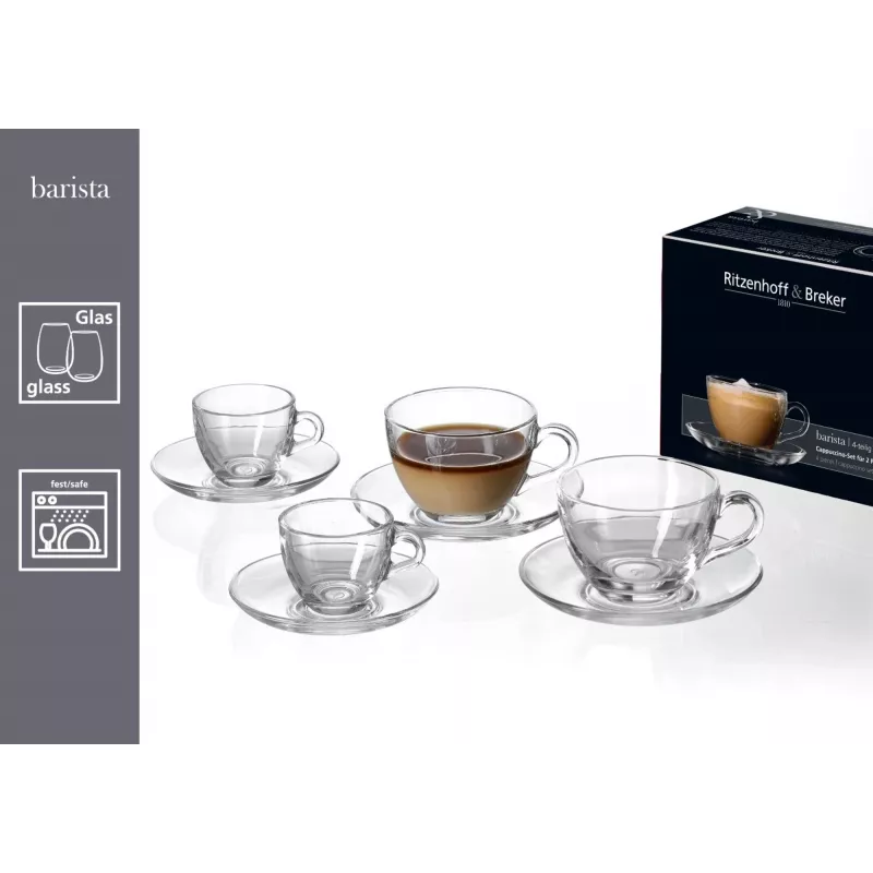Ritzenhoff & Breker BARISTA cappuccino súprava, 4-dielna, číre sklo, 220 ml šálky, vhodné do umývačky 822021