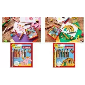 STABILO woody 3 in 1 multifunkčná ceruzka, 6-dielna sada v tiger okrúhlom puzdre, pastelka, vodová farba a voskovka v jednom EO8806-4-2