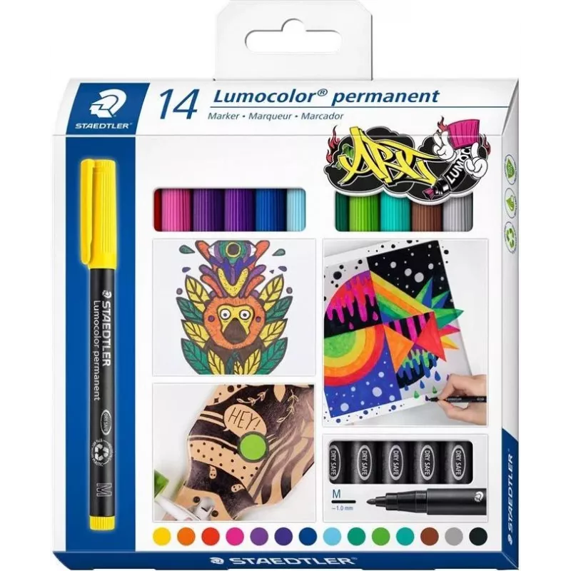 Staedtler Lumocolor Permanent Marker sada 317 C14 - 14 rôznych farieb, jemný hrot 0,6 mm