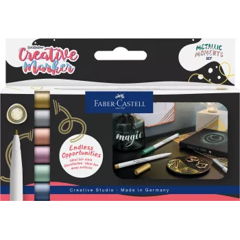 Faber-Castell Creative Marker Goldfaber Metallic Moments, súprava 6 ks, atrament na vodnej báze, bez zápachu, stierateľný, rôzne metalické farby 161107