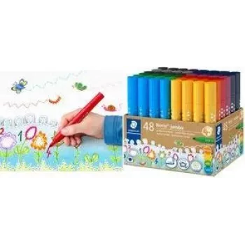 STAEDTLER Noris Jumbo 328-B KP48 fixky, 48 rôznych farieb, 3,0 mm vláknová tuhá, trojhranný tvar, umývateľný atrament, vetrané viečko, opakovane použiteľný pohár