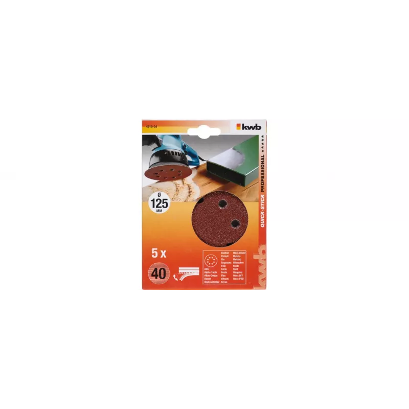 kwb 491904 brúsne kotúče 125 mm P40 balenie 5 ks suchý zips 8 otvorov