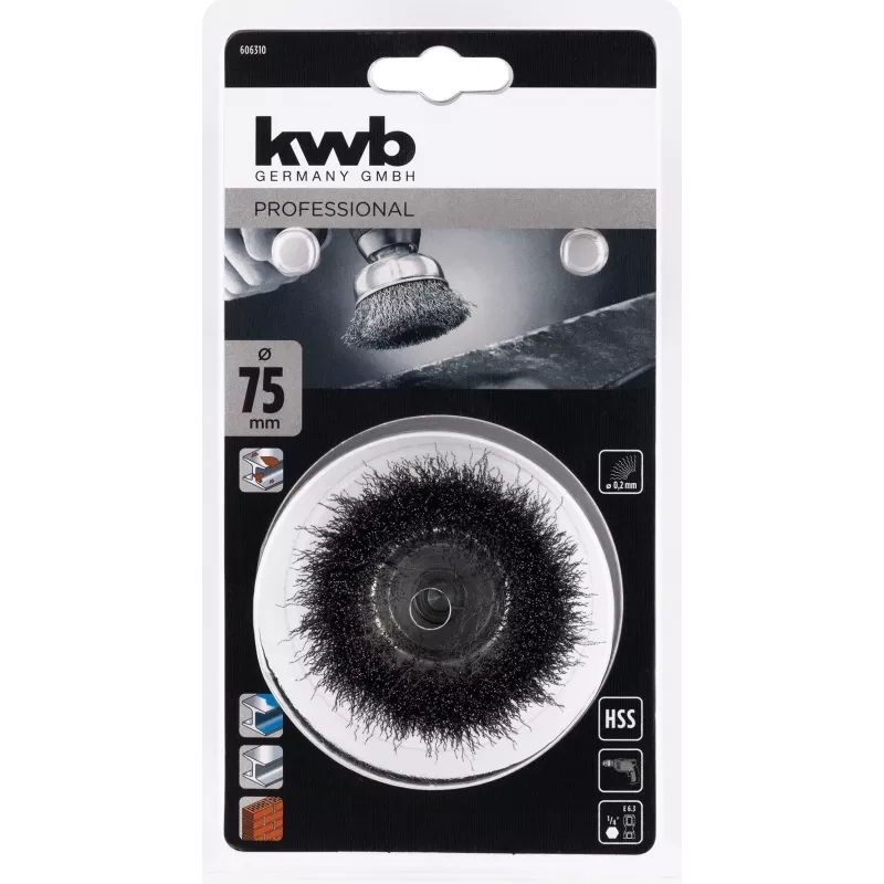kwb drôtená kefa miskovitá 75 mm, 0,2 mm vlnená oceľ, 6 mm stopka pre kov a kameň 606310