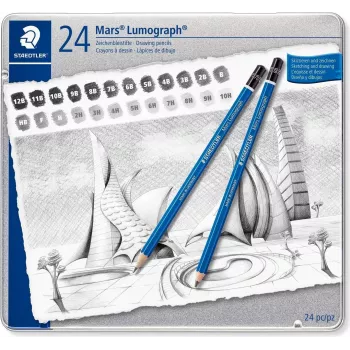 STAEDTLER Mars Lumograph 100 G24 sada kresliacich ceruziek, 24 rôznych tvrdostí v kovovej škatuľke, modrá šesťhranná
