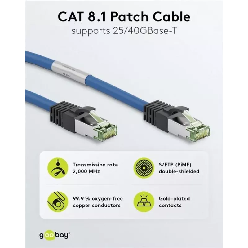 Wentronic Goobay CAT 8.1 patch kábel, S/FTP (PiMF), modrý, 5 m, LSZH, meď, 24 AWG 45662