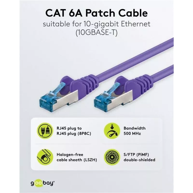 Wentronic Goobay CAT 6a S/FTP patch kábel, RJ45, fialový, 3 m, LSZH, meď 93789