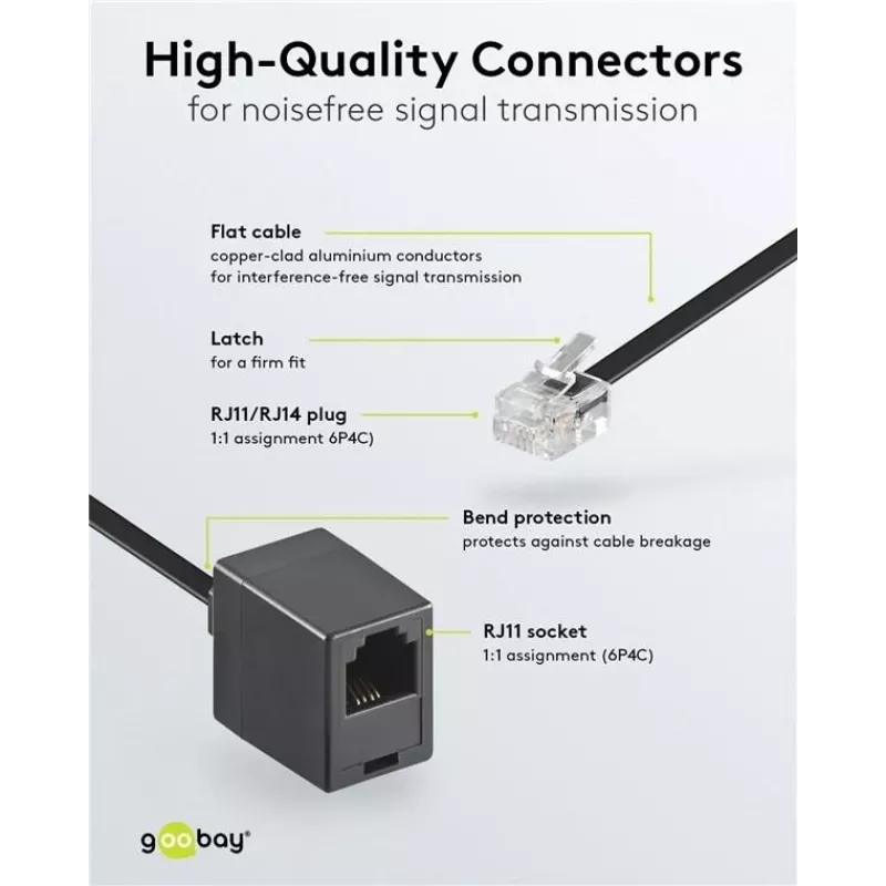 Wentronic Goobay modulárny predlžovací kábel, RJ11/RJ14 (6P4C) konektor samec na RJ11 konektor samica, 15 m, čierny 68258