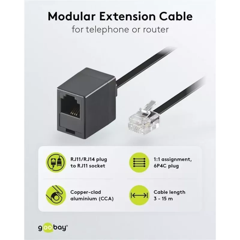 Wentronic Goobay modulárny predlžovací kábel, RJ11/RJ14 (6P4C) konektor samec na RJ11 konektor samica, 15 m, čierny 68258