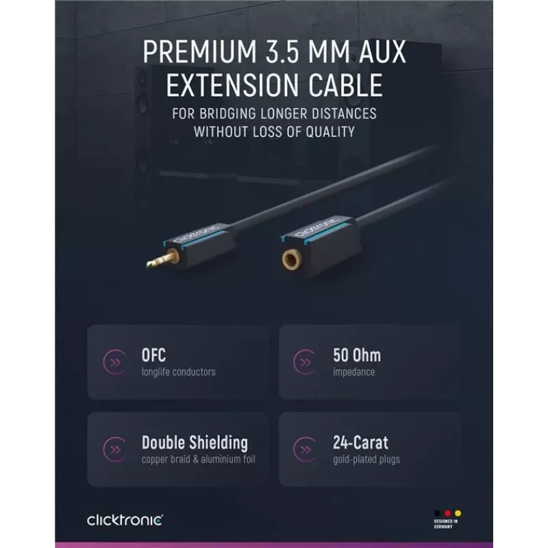 CLICKTRONIC MP3 audio predlžovací kábel 3,5mm stereo jack konektor samec na konektor samica 1,5m čierny