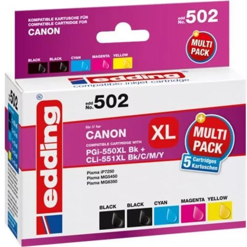 Edding EDD-502 E kompatibilné atramentové náplne multi-pack pre Canon PGI-550PGBK XL, CLI-551 C/M/Y XL (čierna, azúrová, purpurová, žltá)