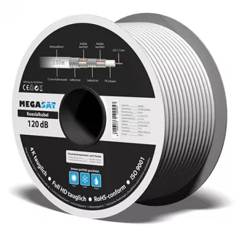 Megasat koaxiálny kábel 100 m, štvorvrstvové tienenie, 120 dB, 75 Ohm, F-typ Ready 100066