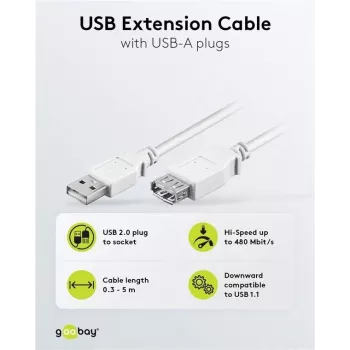 Wentronic USB 2.0 A konektor samec na konektor samica predlžovací kábel 5m biely 96288