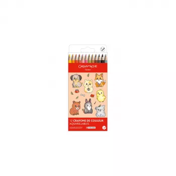 CARAN D'ACHE Swisscolor Kawaii Animals akvarelové pastelky, sada 12 ks, céder, šesťhranné 1285.803