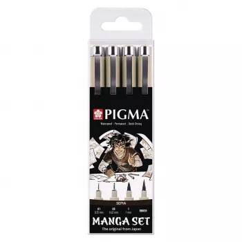 SAKURA Pigma Micron Manga sada sépiová 4-dielna sada finelinerov a štetčekových pier v opakovane použiteľnom puzdre POXSDKMAN4
