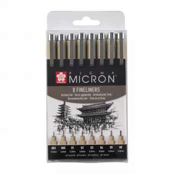 SAKURA Pigma Micron sada finelinerov, 8-dielna, čierna, rôzne veľkosti hrotov 0,15 mm až štetček POXSDK8