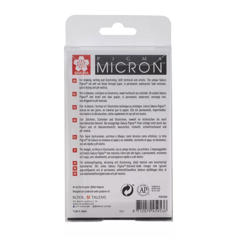 SAKURA Pigma Micron sada finelinerov, 8-dielna, čierna, rôzne veľkosti hrotov 0,15 mm až štetček POXSDK8