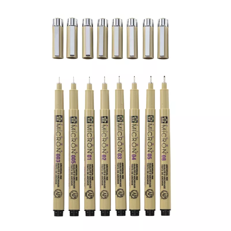 SAKURA Pigma Micron sada finelinerov, 8-dielna, čierna, rôzne veľkosti hrotov 0,15 mm až štetček POXSDK8