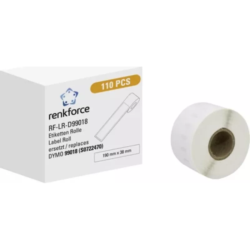Renkforce RF-6027840 rolka etikiet, kompatibilná s DYMO 99018, 190 x 38 mm, papier, biela, 110 etikiet, permanentné lepidlo