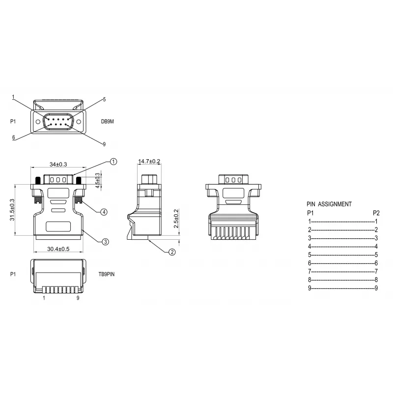 EXSYS EX-49110 DB9 konektor samec na 9-pin svorkovnicový blok adaptér s tlačidlom