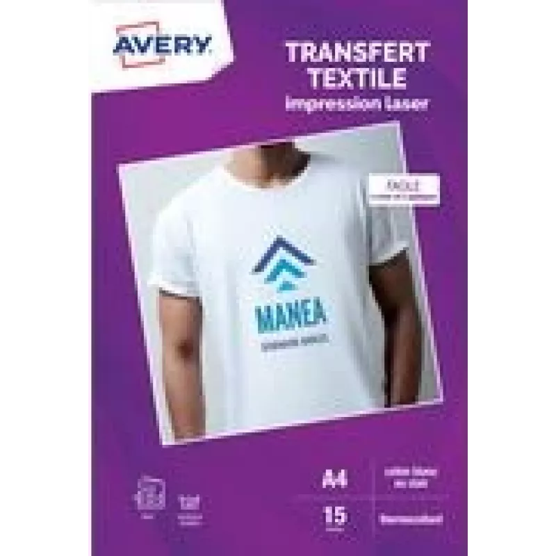 Avery transferový papier na tričká A4 biely pre svetlé látky, laserové tlačiarne, 15 listov (C9403-15)