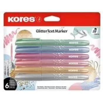 Kores sada glitter zvýrazňovačov, klinový hrot 3-5 mm, 6 žiarivých glitrových farieb, na vodnej báze, rýchloschnúce, rozmazateľné, vetrané viečko, netoxické TM36300