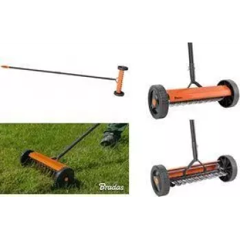 Bradas vertikutátor na kolesách, oranžová/antracit, kovový rám, PVC rukoväť, oceľové hroty, pracovná šírka 32 cm, 1 kus (KT-V2045)