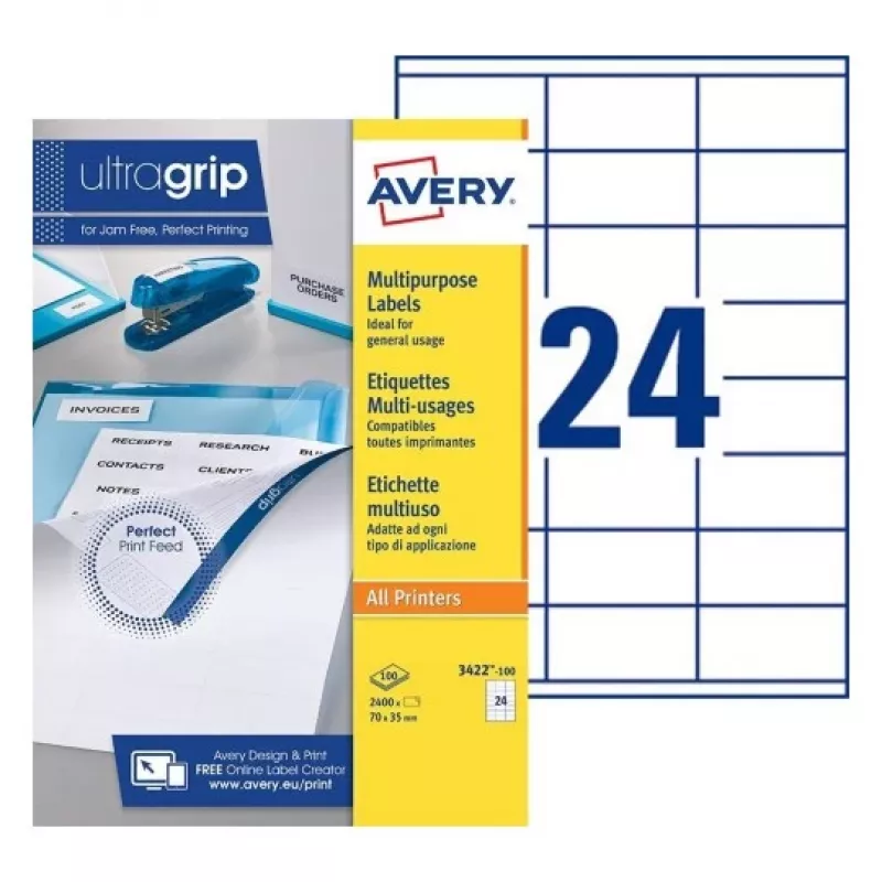 AVERY viacúčelové etikety 70 x 35 mm biele Ultragrip, 2400 etikiet (3422-100.FR)