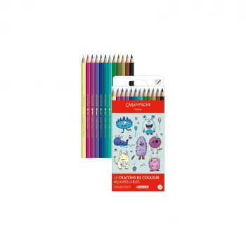 Caran d'Ache Swisscolor Kawaii Monsters vodou rozmývateľné pastelky, sada 12 ks, šesťhranné cedrové drevo 1285.801