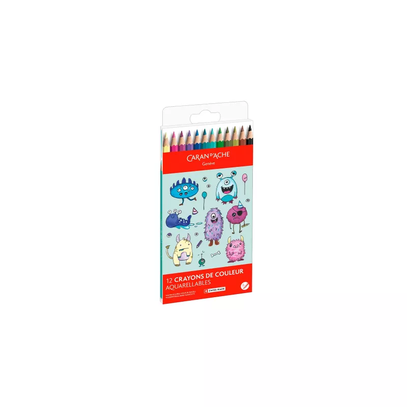 Caran d'Ache Swisscolor Kawaii Monsters vodou rozmývateľné pastelky, sada 12 ks, šesťhranné cedrové drevo 1285.801