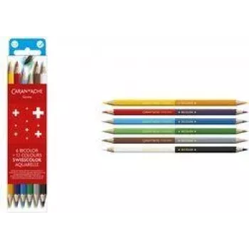 Caran d'Ache Swisscolor Bicolor Aquarelle vodou rozmývateľné pastelky, 6 bicolor pasteliek = 12 farieb, šesťhranné, FSC céder 1285.706